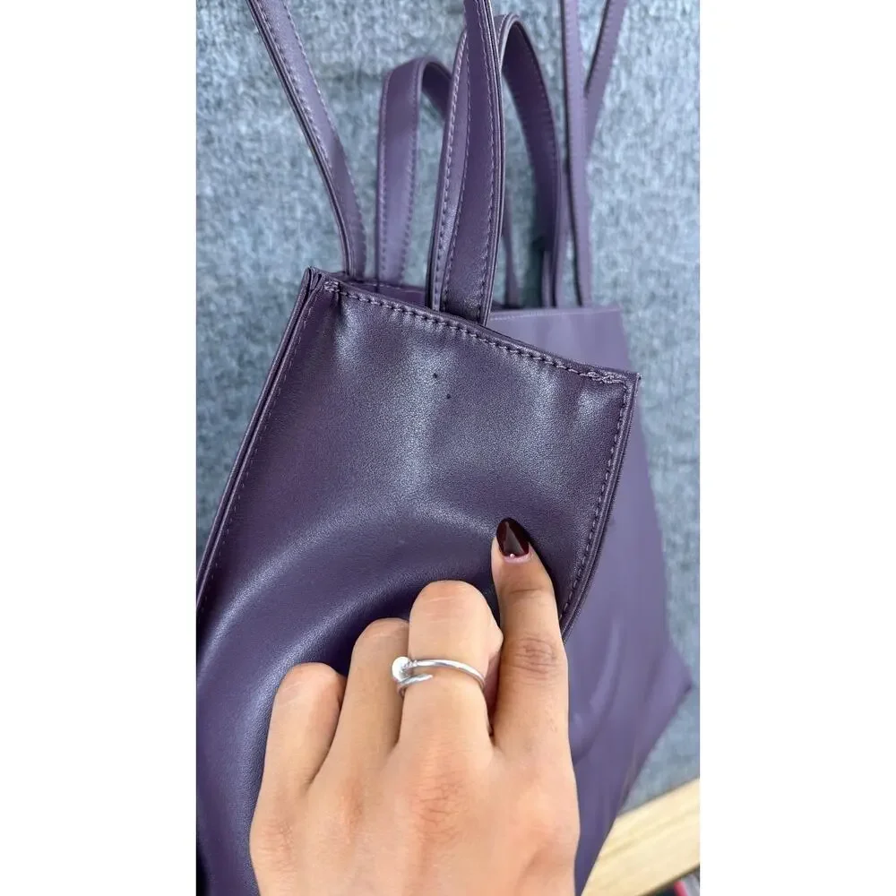 Telfar Medium Eggplant Shopping Tote Bag Purple Faux Leather Logo Crossbody